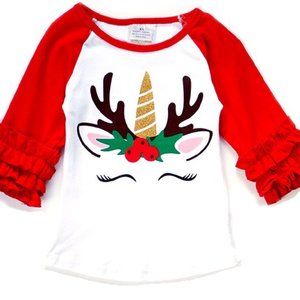 Little Girl Kids Toddler 3/4 Ruffle Sleeve Unicorn Christmas T-Shirt Top Blouse